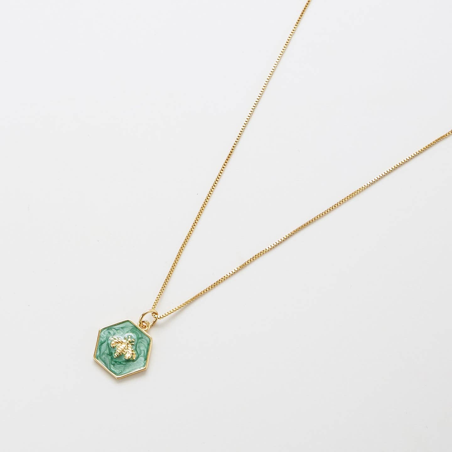 Green Hexagon Gold Bee Necklace 16"