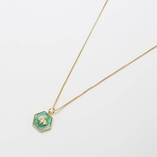 Green Hexagon Gold Bee Necklace 16"