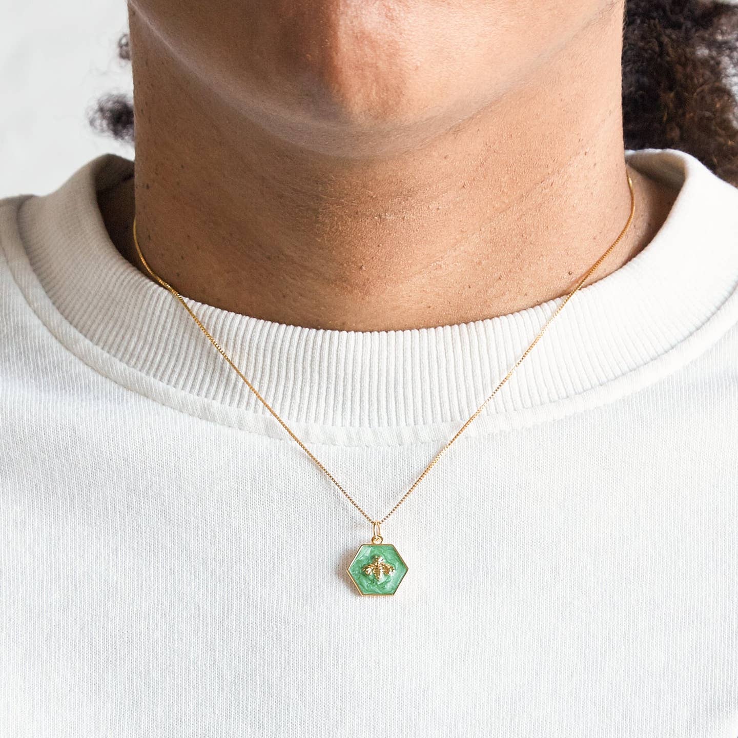 Green Hexagon Gold Bee Necklace 16"