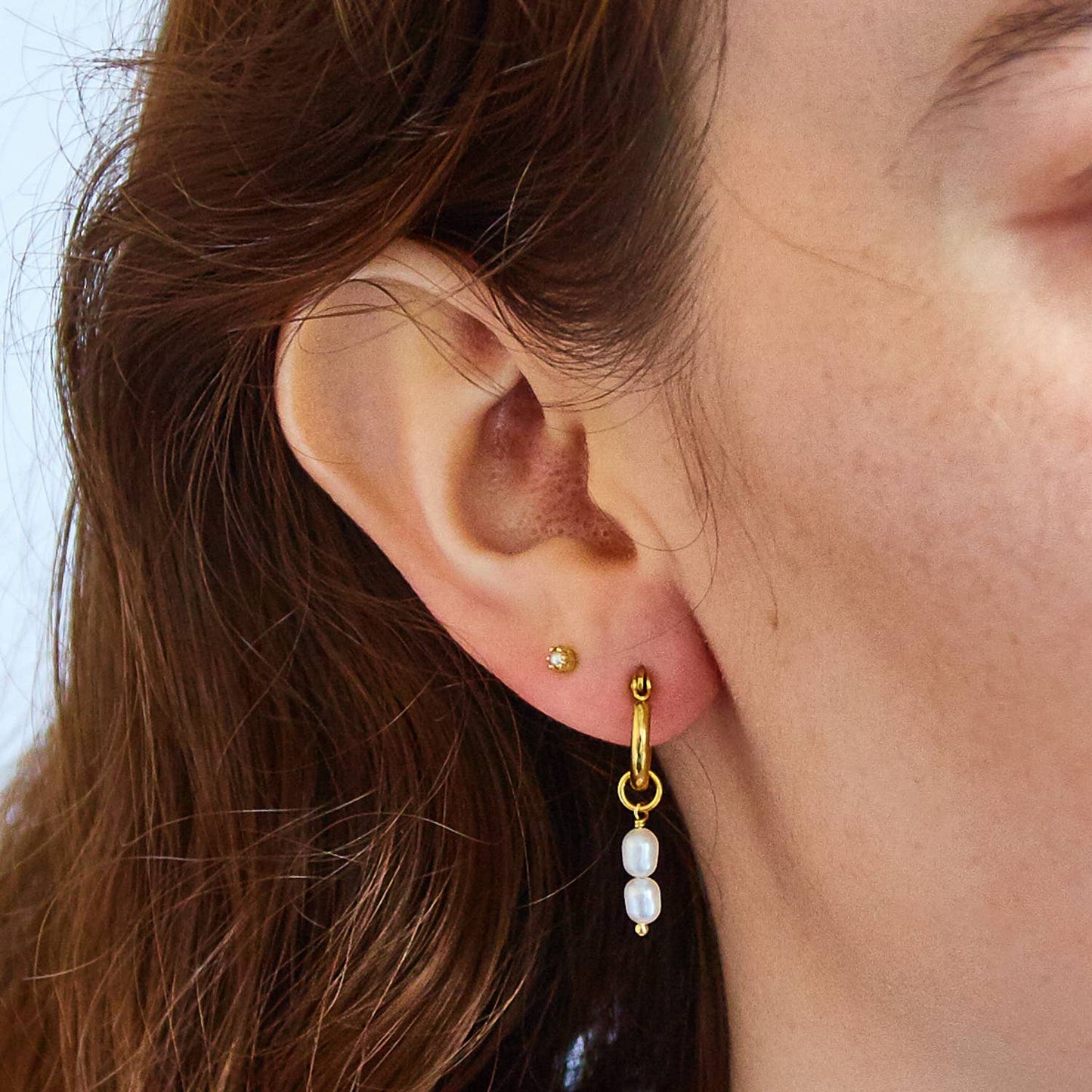 Double Pearl Natural Gemstone Charm Huggie Hoop Earrings